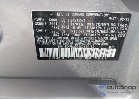 2025 Subaru Ascent Premium 7-Passenger z USA, uszkodzony, nr VIN 4S4WMADD0S3414183